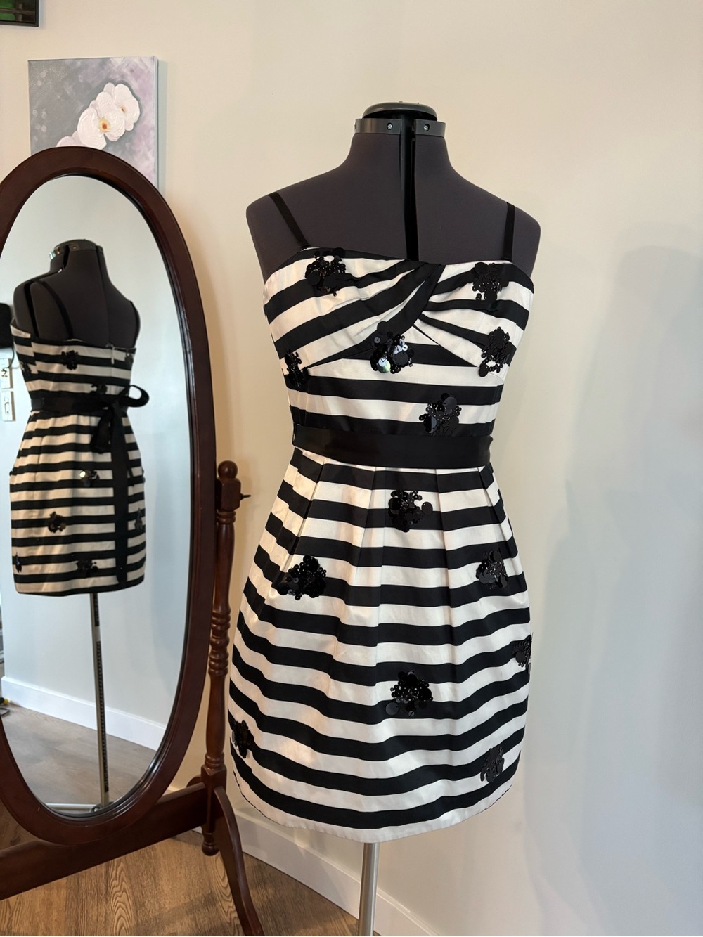 BCBGMAXAZRIA Black & White Striped Spaghetti Strap Dress